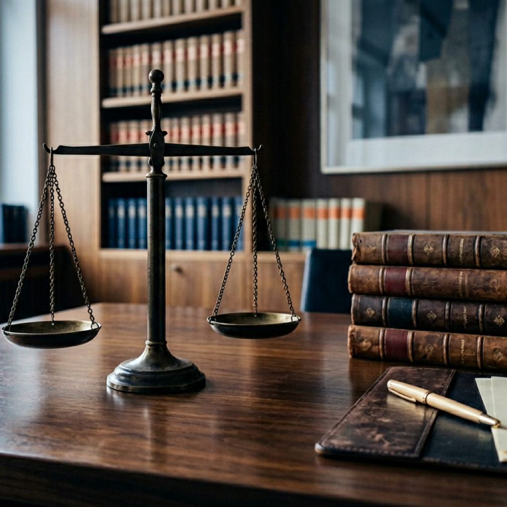 Symbolbild zu unseren Rechtsgebieten: Waage der Gerechtigkeit und juristische Fachliteratur